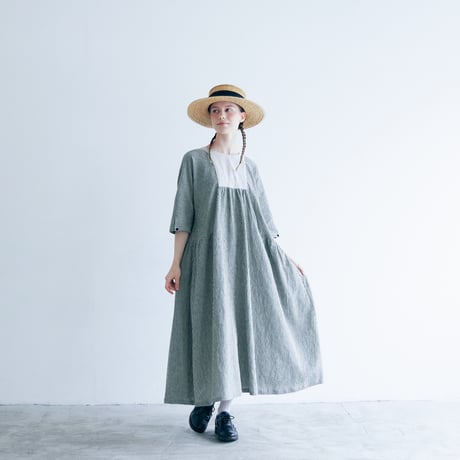＜完売しました＞リネンコットンストライプ・ヨーク＆ギャザーワンピース／ベージュ