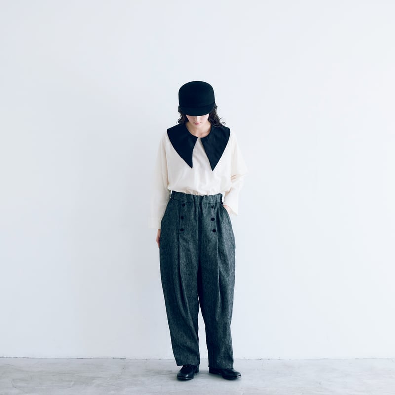 ★美品45R「コットンリネンゴマデニムのドレス」0日本製 45R 小麦デニムのドレス(インディゴ)