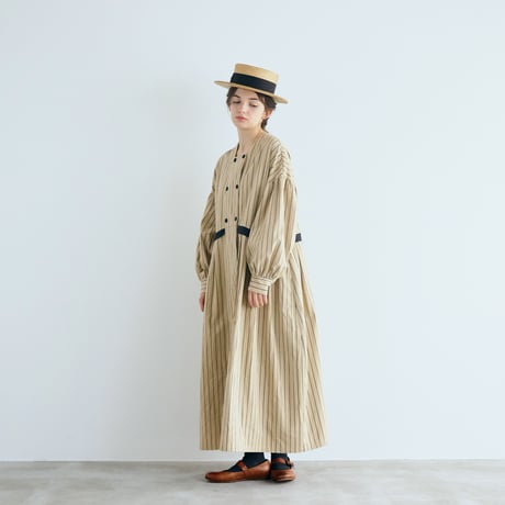コットンシルクストライプ・ダブルボタンワンピース／ベージュ