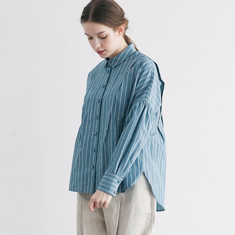 ✨美品✨MAGALI コットンダンテルフリルブラウス ストライプ ギャザー 上品 ✨美品✨MAGALI コットンダンテルフリルブラウス ストライプ ギャザー 上品