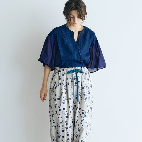 ＜完売しました＞Fleur de brume　コットンリネン・バルーンギャザーパンツ ／ダスティブルー