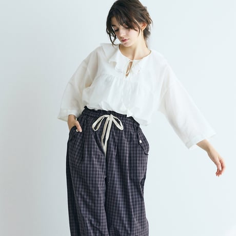 ＜完売しました＞ウォッシュドコットン・バルーンギャザーパンツ／ギンガムチャコール