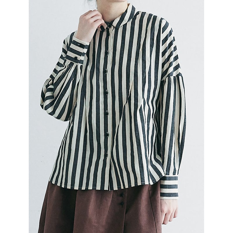 美品　MAGALI マガリ ストライプリネンタックショルダーブラウス コットンリネンストライプ・タックショルダーブラウス／ブラック | MAGALI