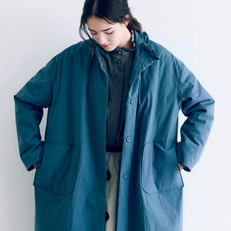 オールドコットンナイロンリネン・フリルカラーパディットコート