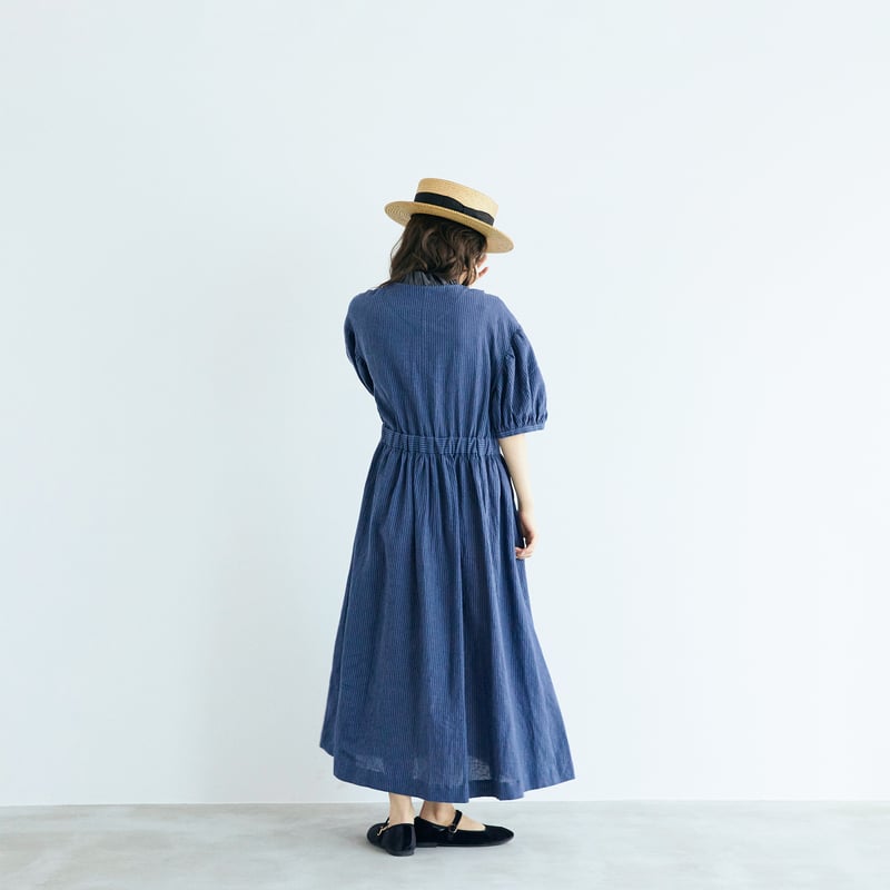 リネンコットンストライプ・アンティークワンピース／ブルー | MAGALI