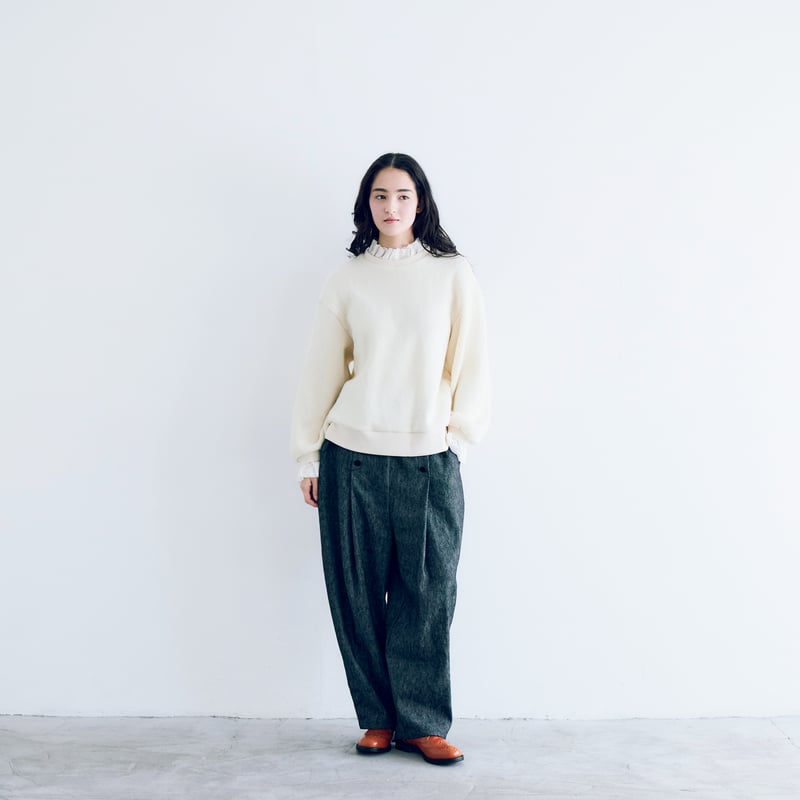 ★美品45R「コットンリネンゴマデニムのドレス」0日本製 コットンリネンデニム・マリンパンツ／ネイビー | MAGALI