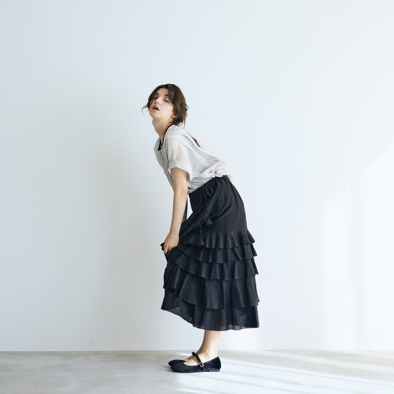 コットンシルクブレイド・ティアードスカート／ブラック | MAGALI