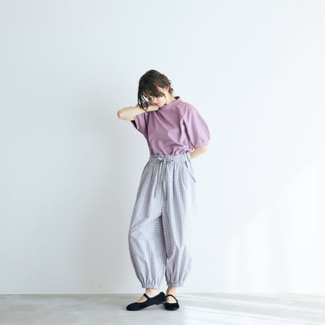 ＜完売しました＞ウォッシュドコットン・バルーンギャザーパンツ／ギンガムグレイ