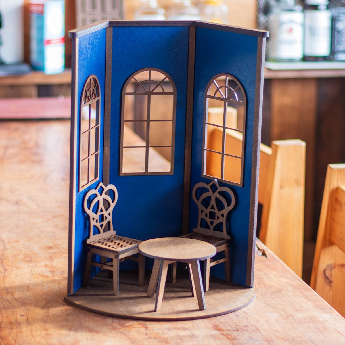 1/6スケールドールハウス昭和レトロ ブルー壁 純喫茶窓際席 家具