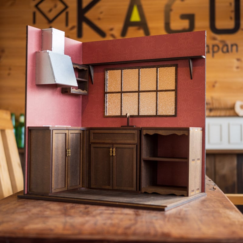 1/6スケールドールハウスL型キッチンワイド古い感じの壁紙 1/6スケールドールハウスL型キッチンワイド古い感じの壁紙