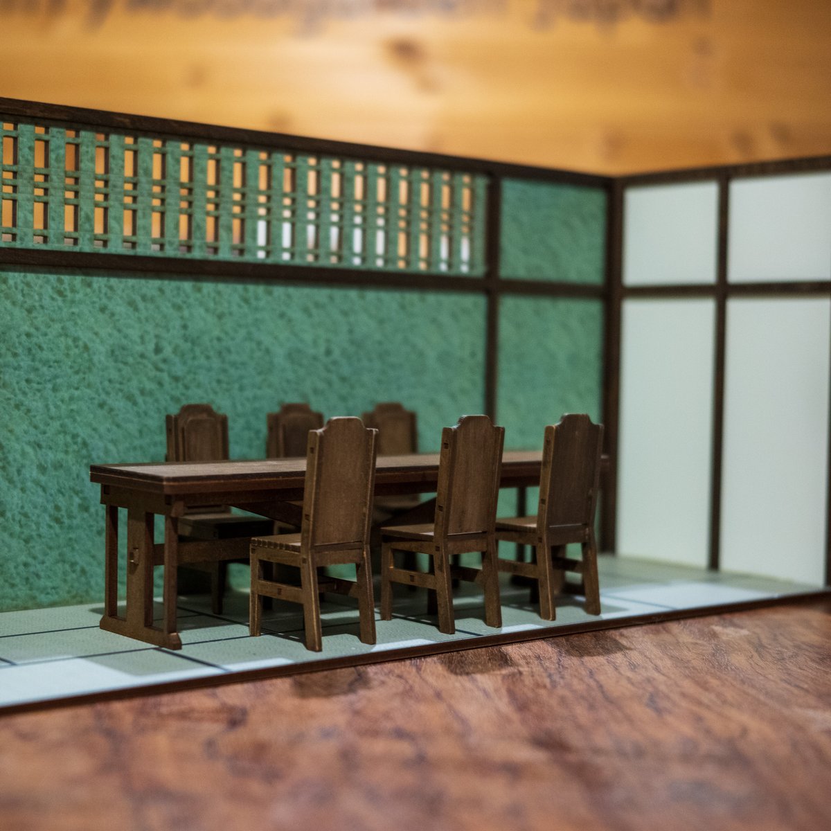 1/10スケール和風ドールハウス大広間緑の土壁風家具セット 1/10スケール和風ドールハウス大広間緑の土壁風家具セット