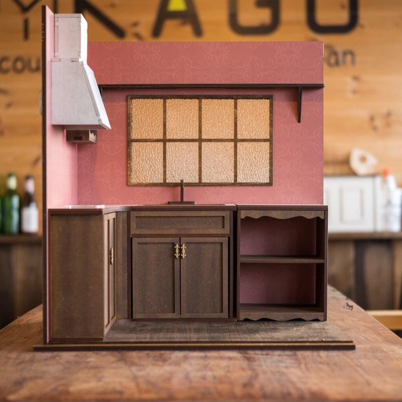 1/6スケールドールハウスL型キッチンワイド古い感じの壁紙 タイプ