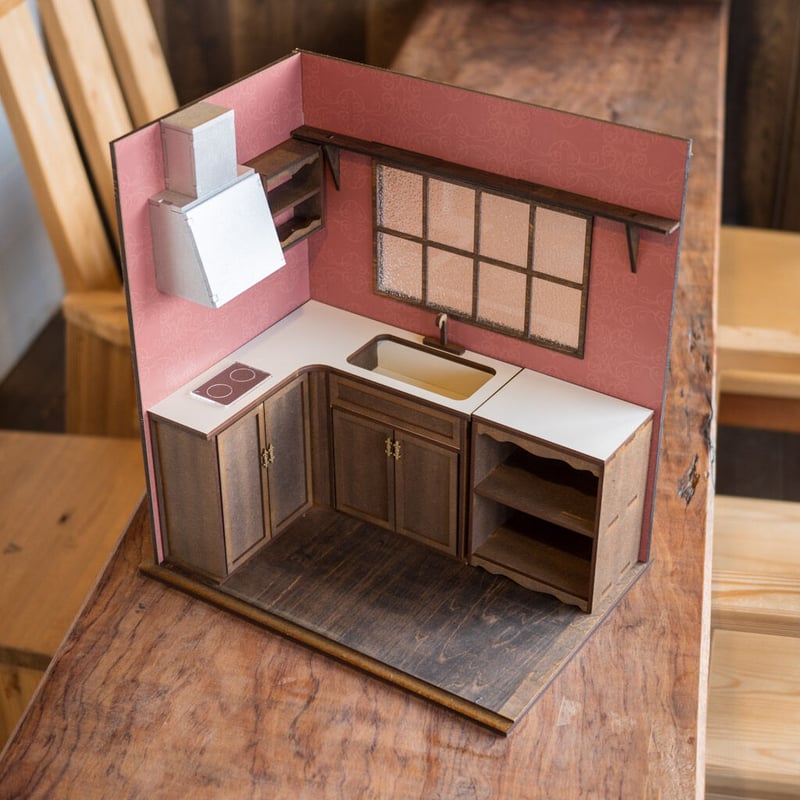 1/6スケールドールハウスL型キッチンワイド古い感じの壁紙