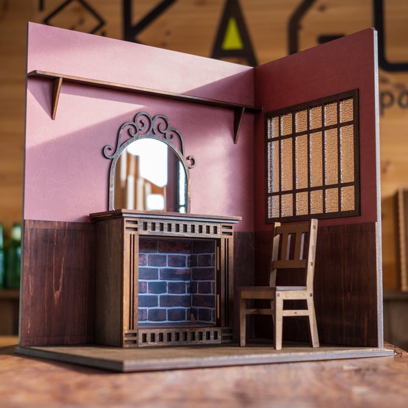 1/6スケールドールハウス洋館鏡の部屋古い感じの壁紙右側暖炉 | kkcompany