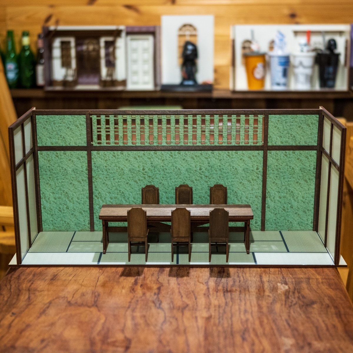 1/10スケール和風ドールハウス大広間緑の土壁風家具セット 1/10スケール和風ドールハウス大広間緑の土壁風家具セット