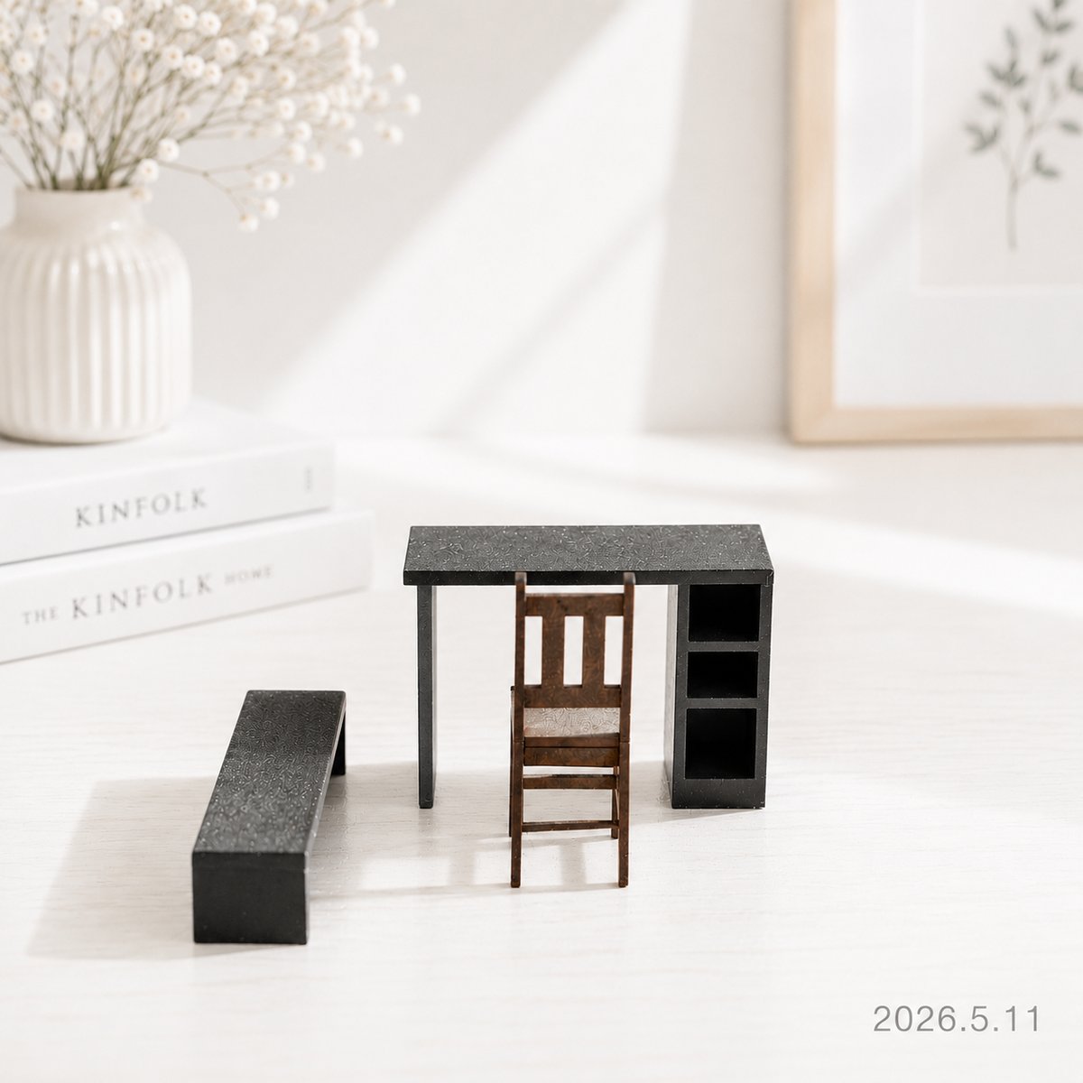 1/10スケール ミニチュア家具 書斎デスク＆チェアセット ブラック