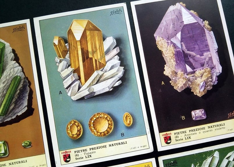 高級感ある綺麗な絵　骨董品 再入荷】1952年イタリア◇鉱物・宝石6種アンティーク・ビンテージ