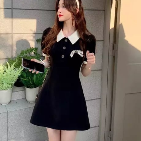 【即納】ブローチ付きジャージワンピース♡ブラック