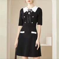【即納】ブローチ付き白襟ニットワンピース♡ブラック
