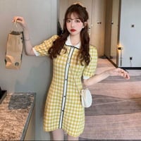 【即納】襟付きチェックニットワンピース♡イエロー