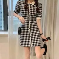 【即納】襟付きチェックニットワンピース♡ブラック