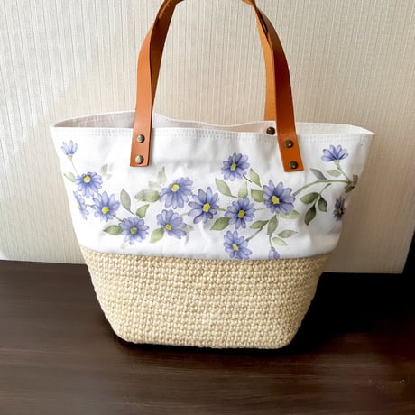 麻ひもと帆布のトートバッグ～花柄