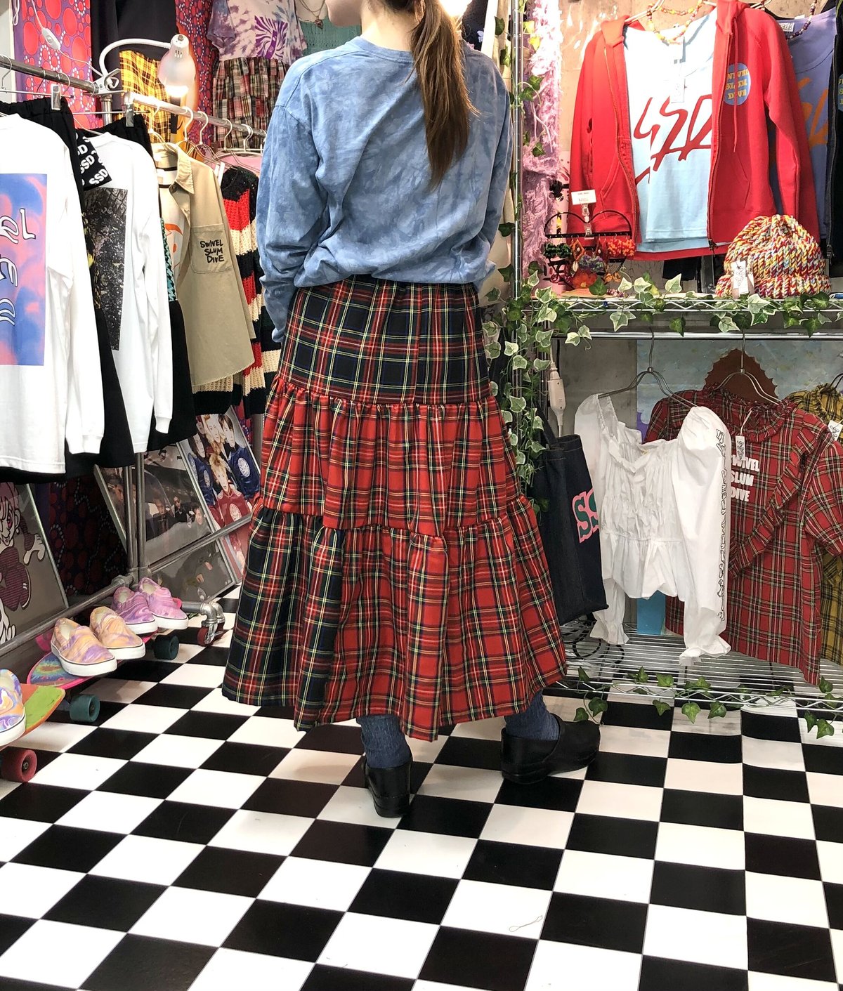 AtelierGG☆新品未使用ヴィンテージ ドナルドダックタータンチェックXS タータンチェック ミックス ティアードロングスカート | SWIVEL