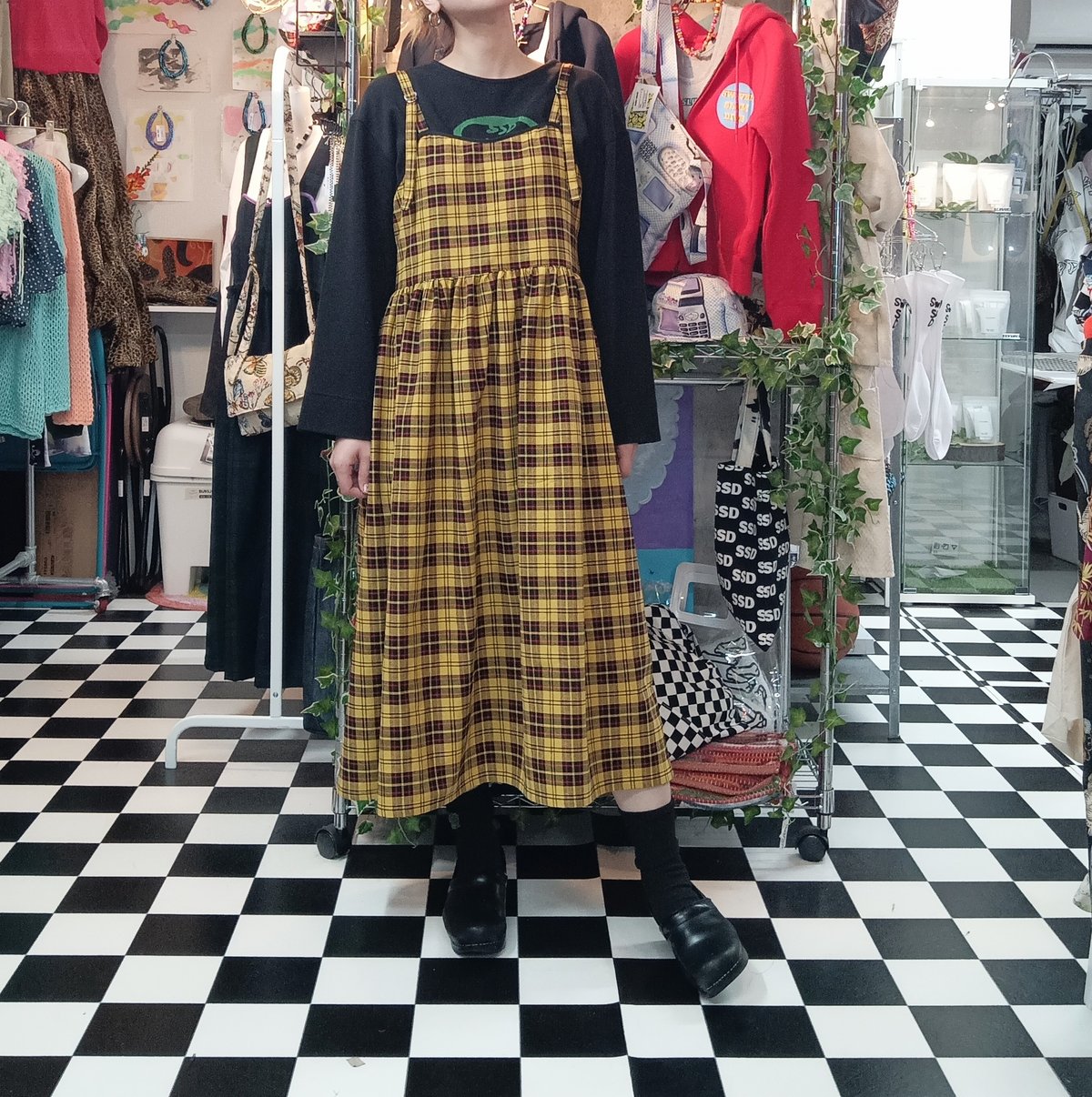 TAO コムデギャルソン　チャイナ　ギャザー　ロングワンピース　タータンチェック TAO コムデギャルソン チャイナ ギャザー ロングワンピース