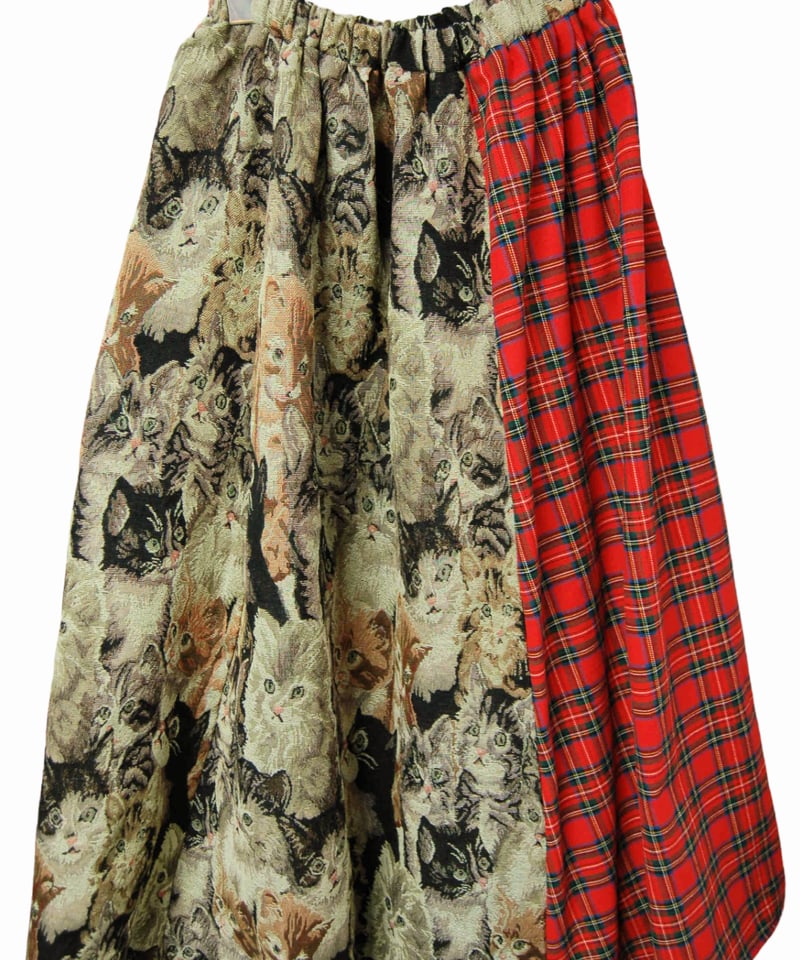 猫柄ゴブラン織り×タータンチェック サーキュラーロングスカート
