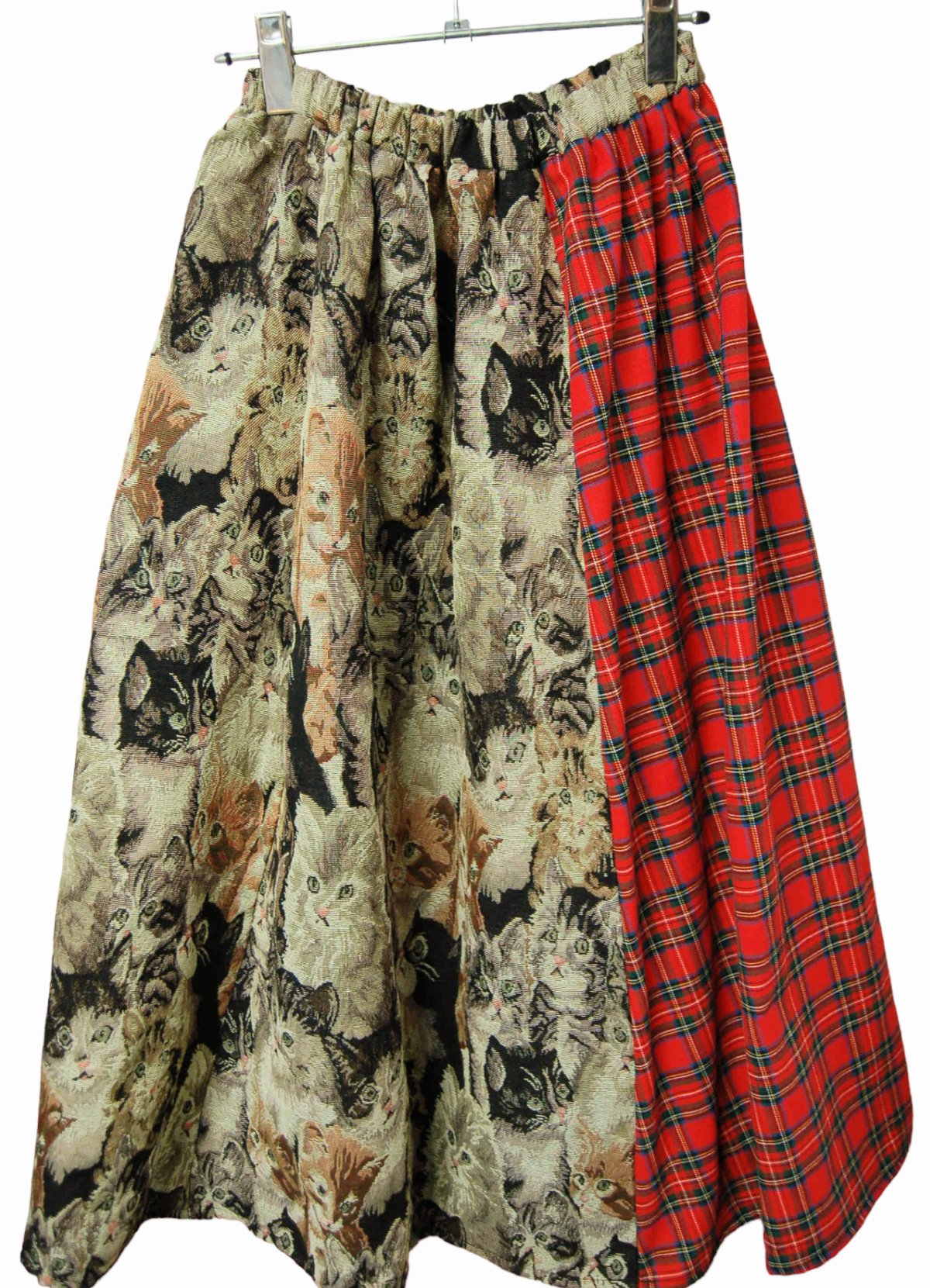 猫柄ゴブラン織り×タータンチェック サーキュラーロングスカート