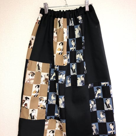 浮世絵×デニム　パッチワーク  スリットスカート