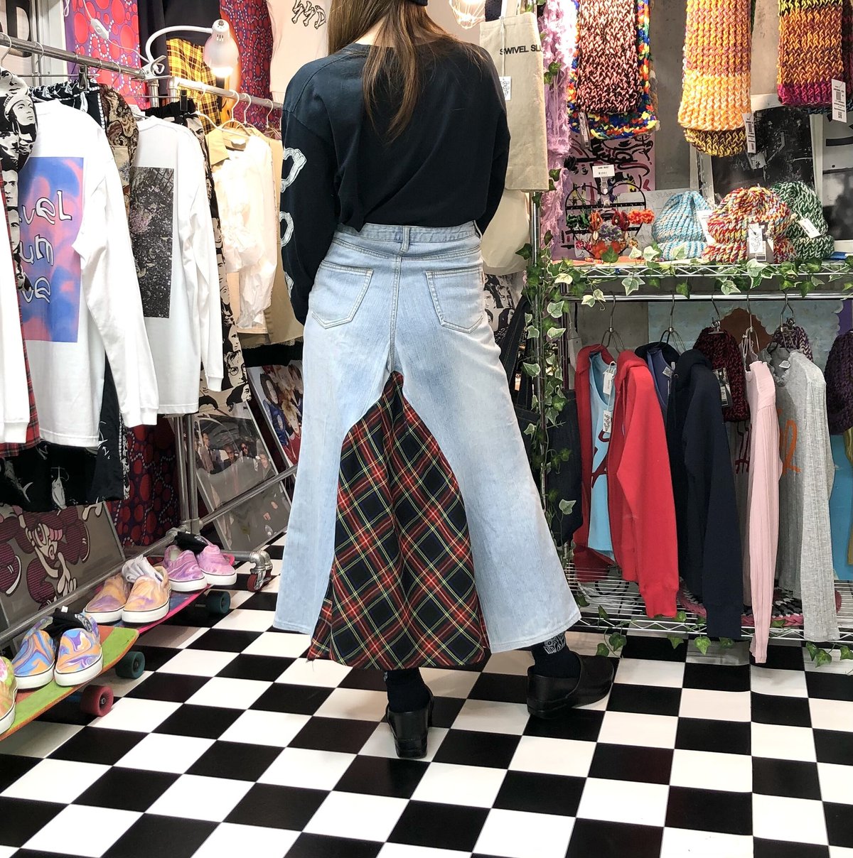 リメイクデニムロングスカート:タータンチェック:アイスブルー