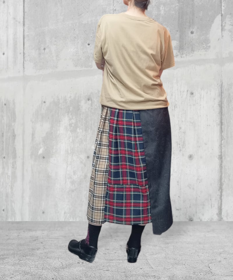 ブラックウォッシュデニム×タータンチェック アシンメトリーロング  