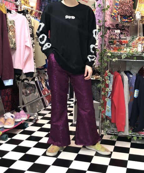 龍花柄　チャイナフレアパンツ:パープル