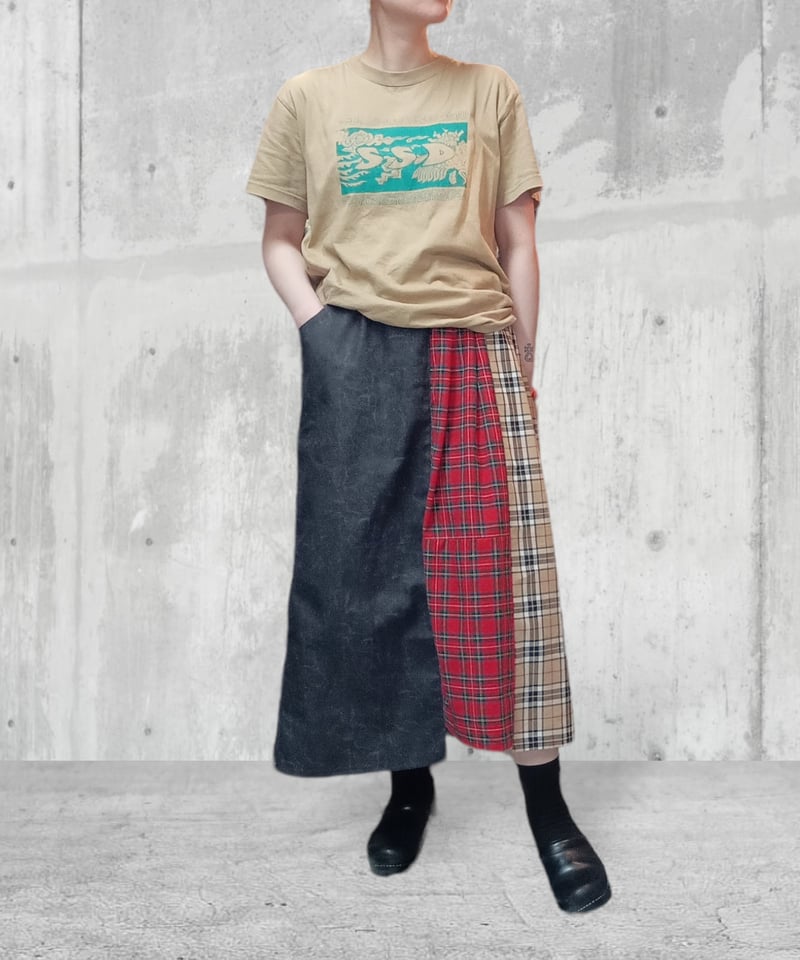 ブラックウォッシュデニム×タータンチェック アシンメトリーロング  