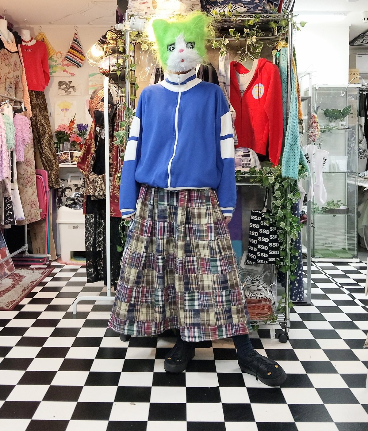 パッチワーク マドラスチェック ネル生地フレアロングスカート