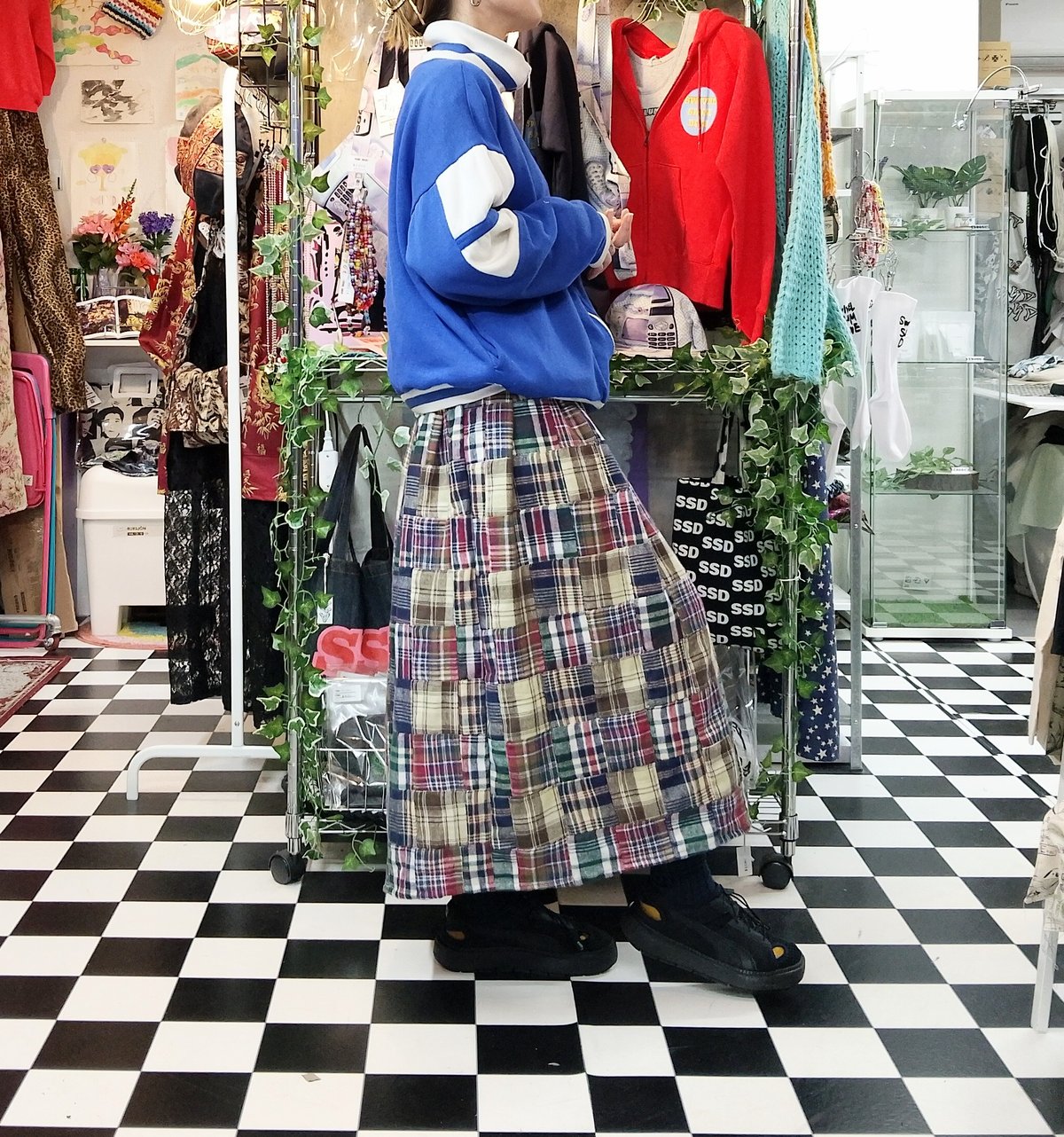 パッチワーク マドラスチェック ネル生地フレアロングスカート