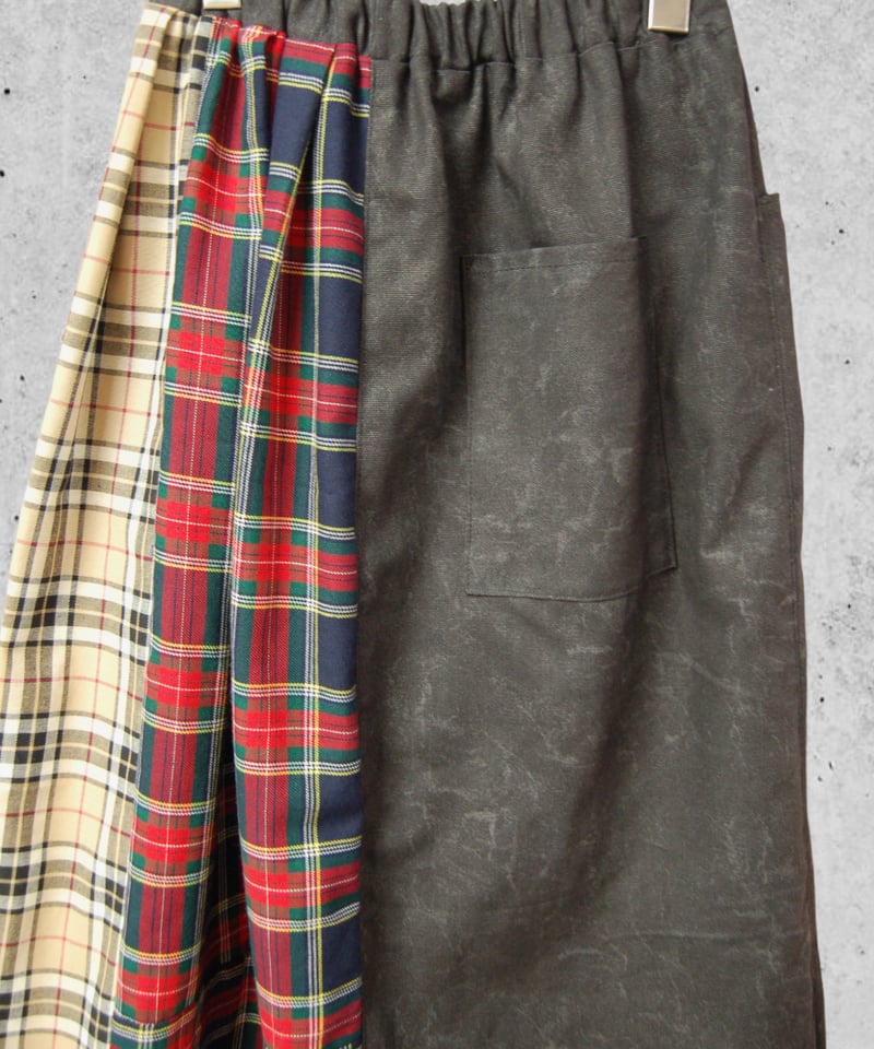 ブラックウォッシュデニム×タータンチェック アシンメトリーロング  