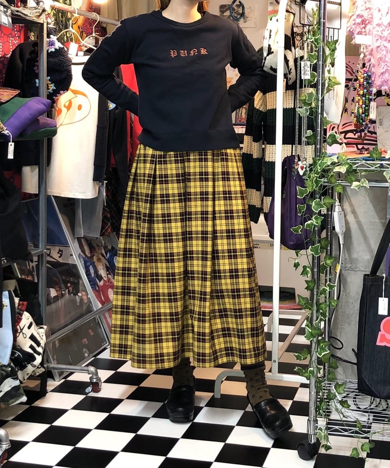 【美品】45R ウールタータンチェック ロングスカート イエロー Lサイズ 美品】45R ウールタータンチェック ロングスカート イエロー L