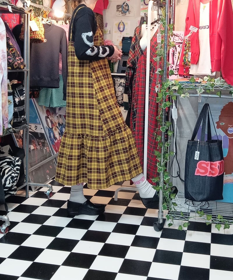 タータンチェック 裾ギャザーフレアロングワンピース:yellow