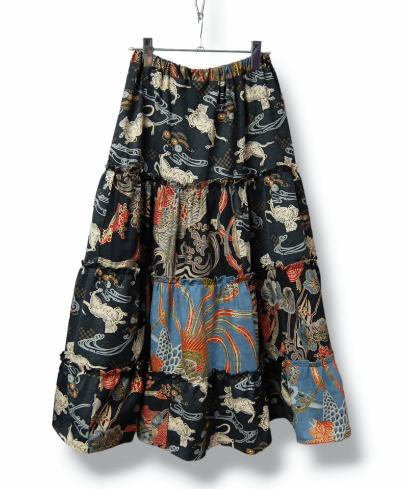 虎×鳳凰 和柄 ミックス ティアードギャザーロングスカート | SWIVEL