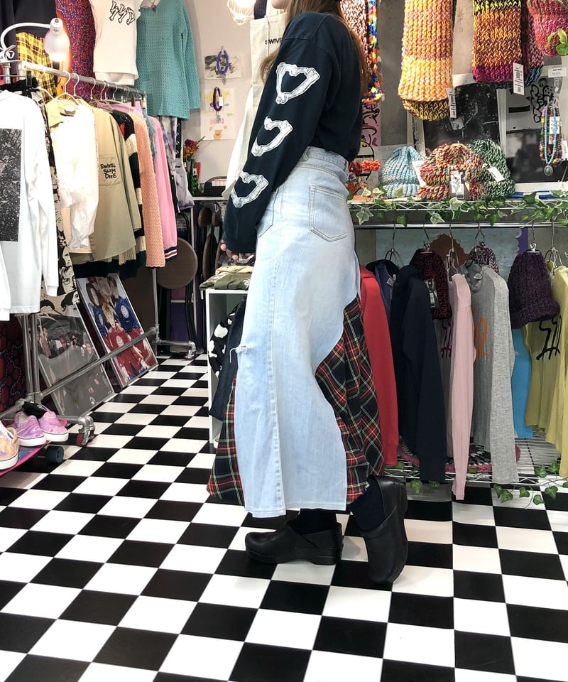 リメイクデニムロングスカート:タータンチェック:アイスブルー  