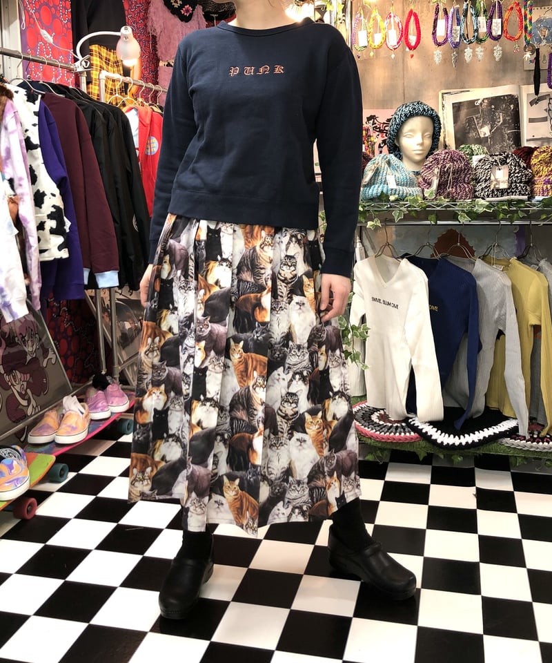 猫柄 リアルプリント 裏地付き フレアプリーツロングスカート | SWIVEL