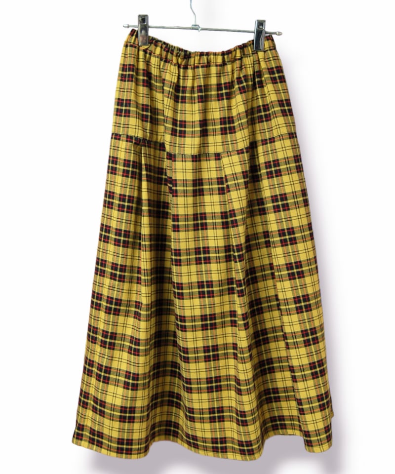 【美品】45R ウールタータンチェック ロングスカート イエロー Lサイズ タータンチェックコットンフレアプリーツロングスカート