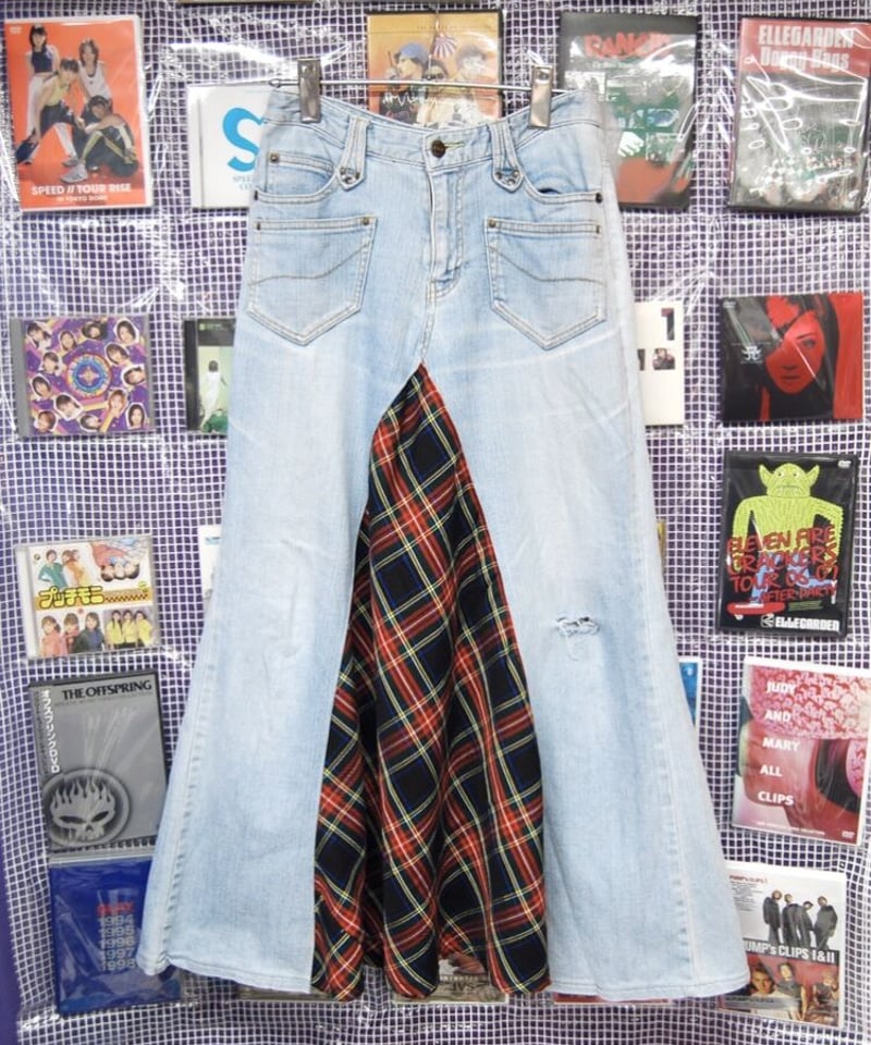 ☆デニム ×チェックMIXペイント ダメージフリル リメイク サロペスカート☆