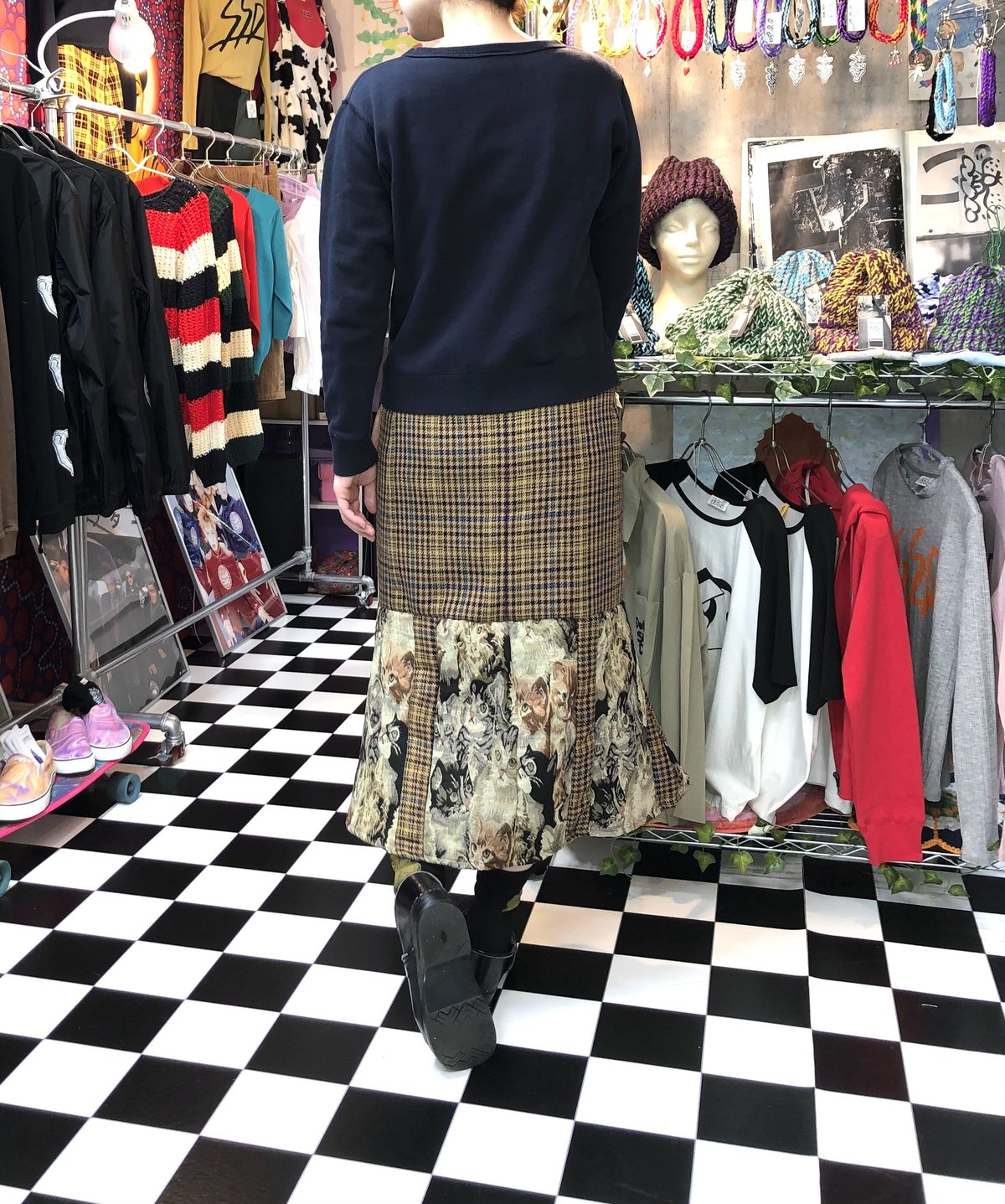 リメイク 千鳥格子チェック×猫柄 タイトフレアロングスカート