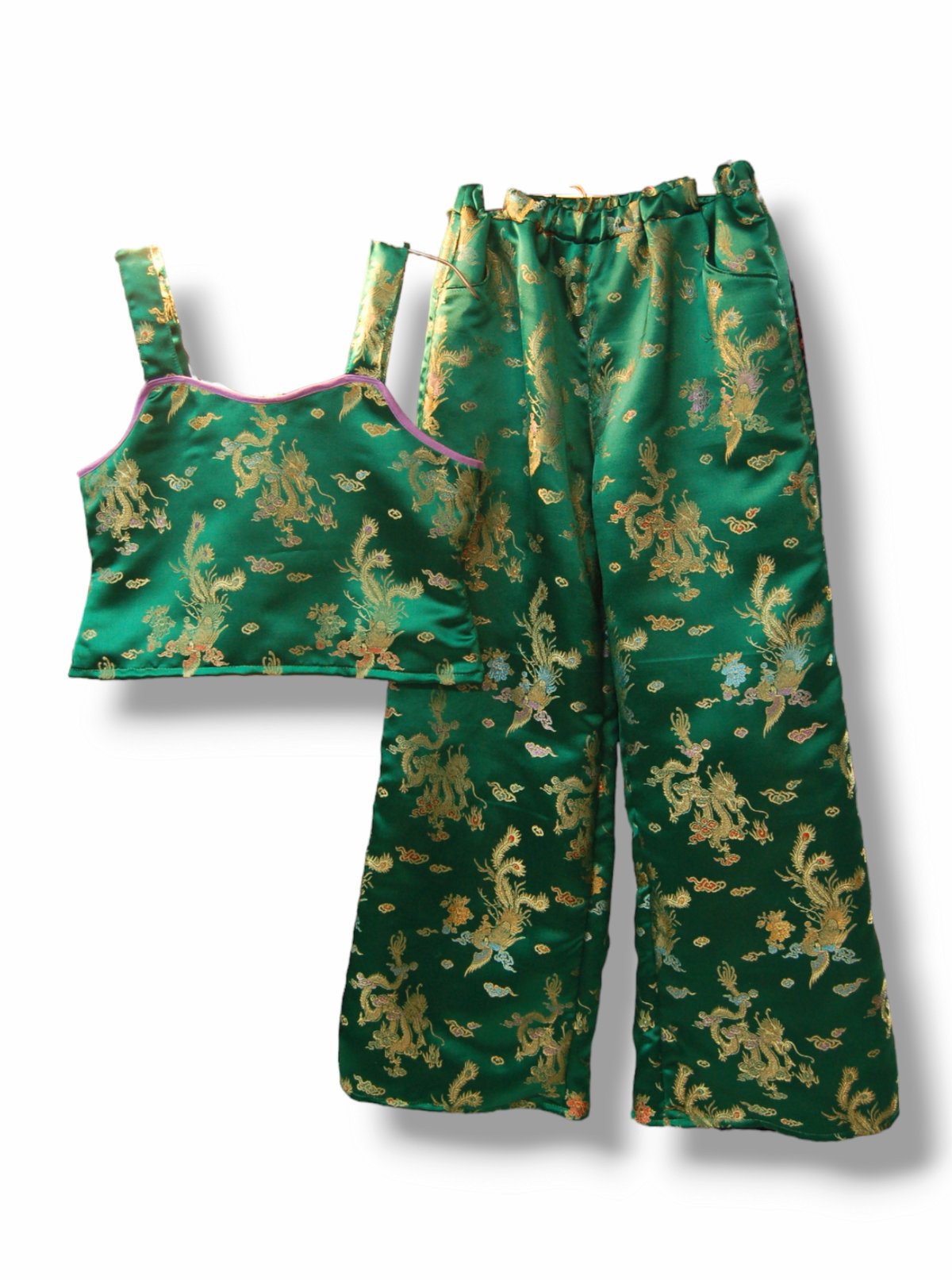 四海升平 緑橘色漢服四点セット 龍×鳳凰 チャイナセットアップ:グリーン | SWIVEL SLUM DIVE