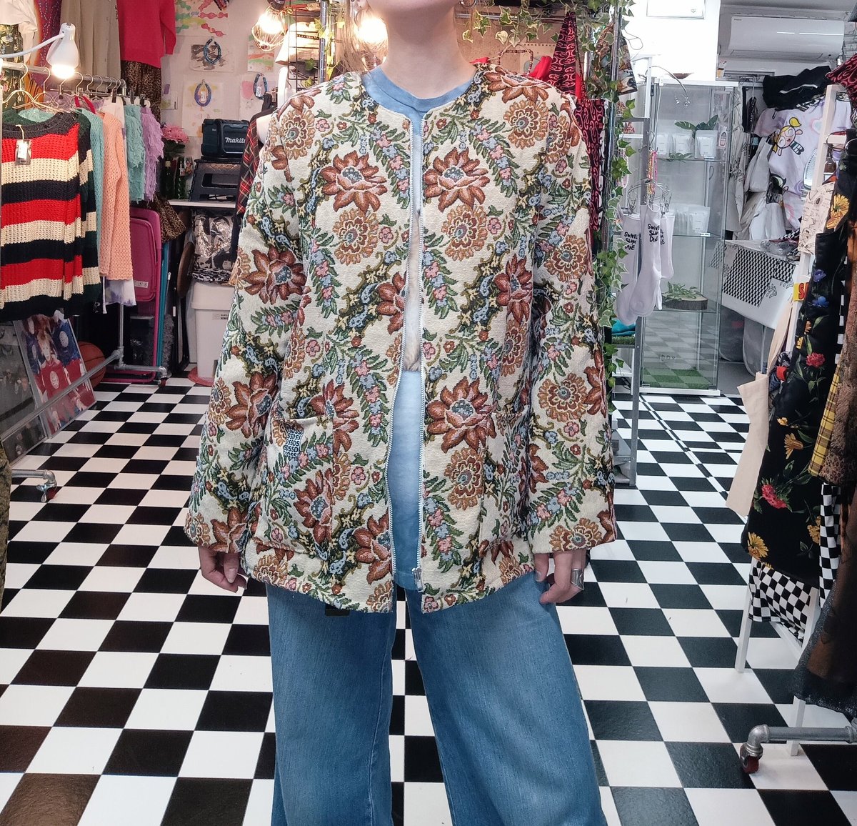 激レア シンクビー ノーカラージャケット　ゴブラン織り 花柄　11号　ビーズ 花柄ゴブラン織り ノーカラージャケット | SWIVEL SLUM DIVE