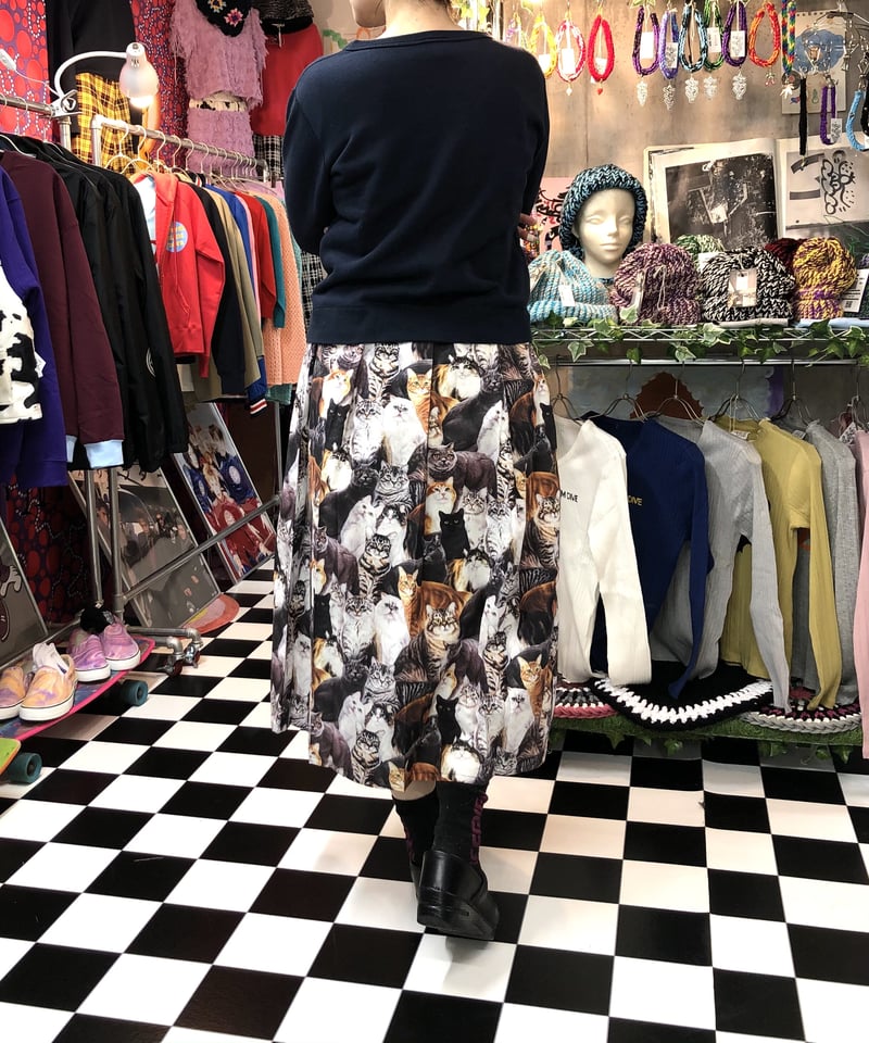 猫柄 リアルプリント 裏地付き フレアプリーツロングスカート | SWIVEL