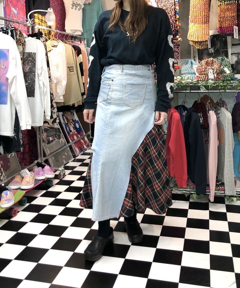 リメイクデニムロングスカート:タータンチェック:アイスブルー